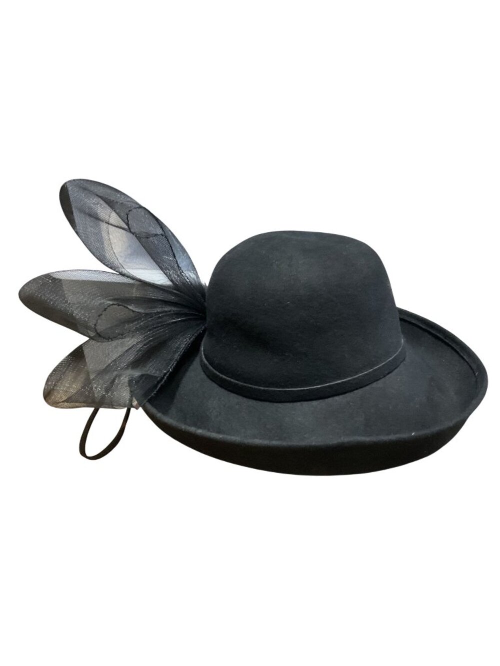 Giovannio Black Wool Derby Hat With Mesh Bow & Feather Accent Church Hat 22.5"
